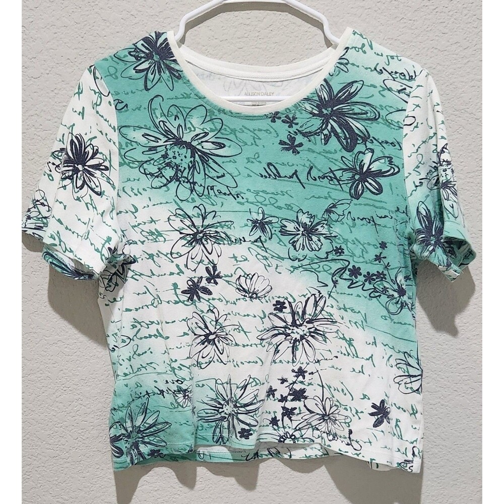 Alison Daley Womens Petite Large Blue White Floral Short Sleeve Casual Knit Top